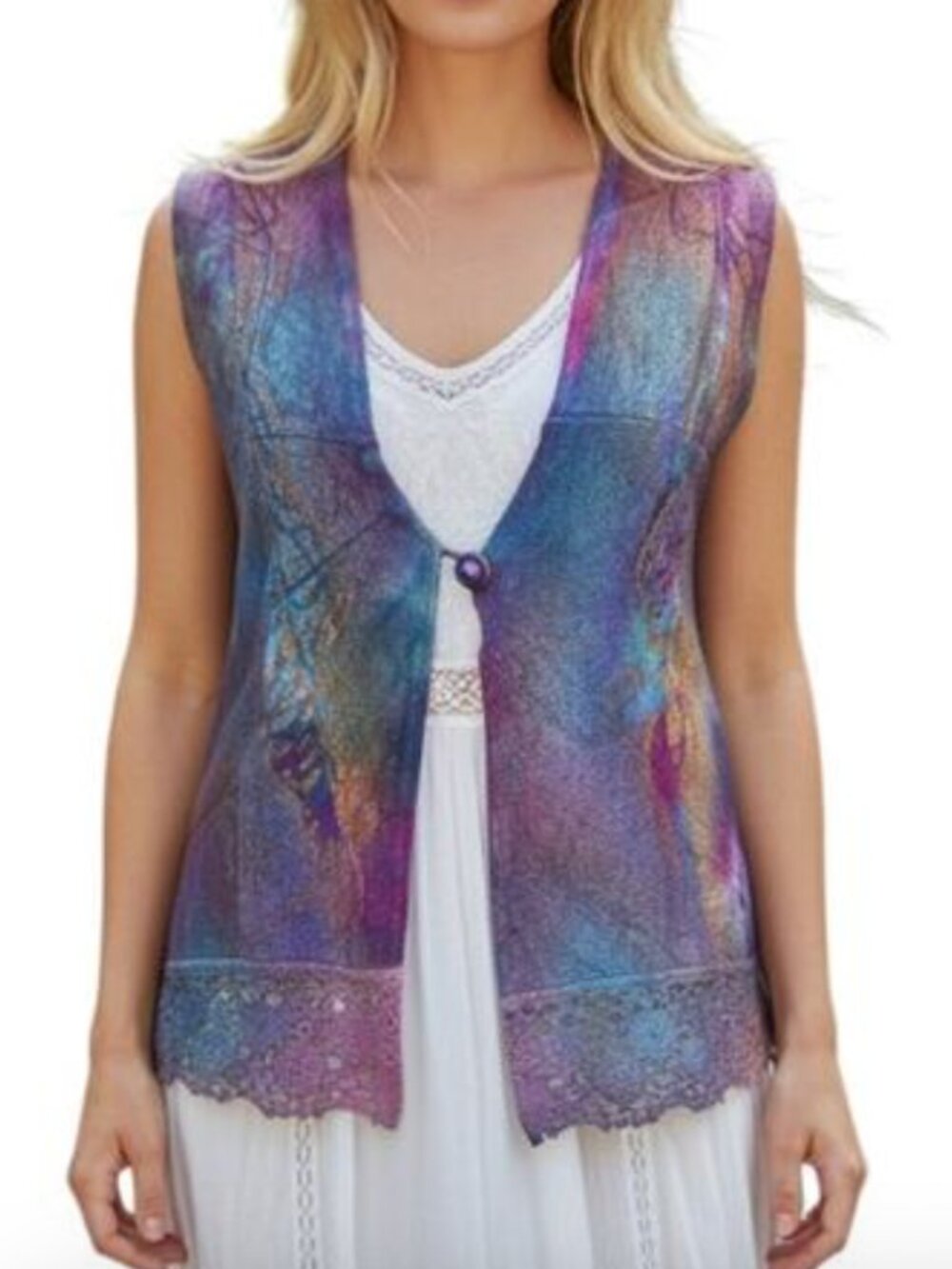 Fine Art Apparel by Sandra Vest Lace Artsy Boho Purple Blue Large